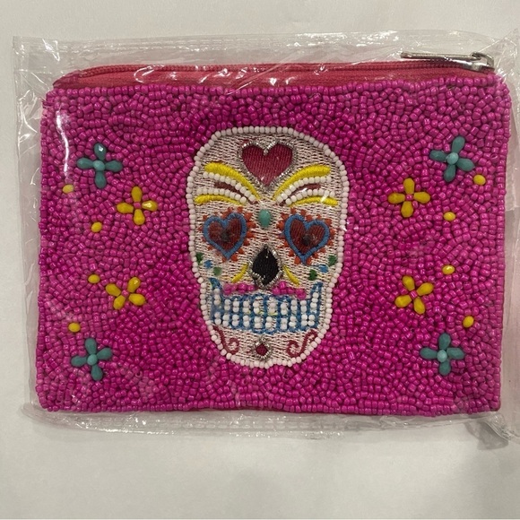 Handbags - Handmade Seed Beaded Colorful Skull Candy Coin Pouch Mexican Folk Whymsy